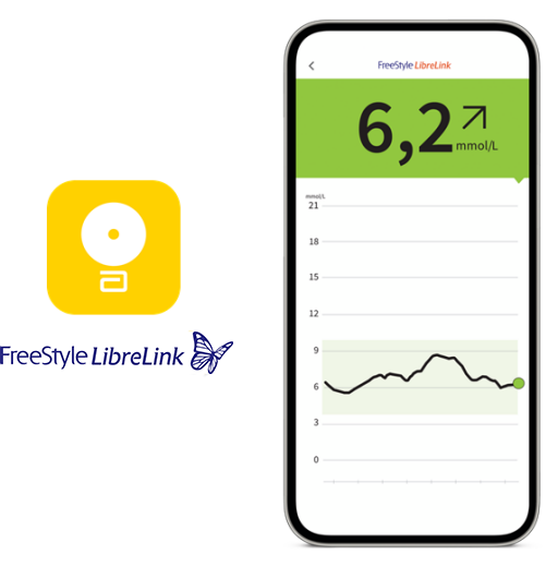 En smarttelefon som visar en skärmdump av FreeStyle LibreLink-appen.