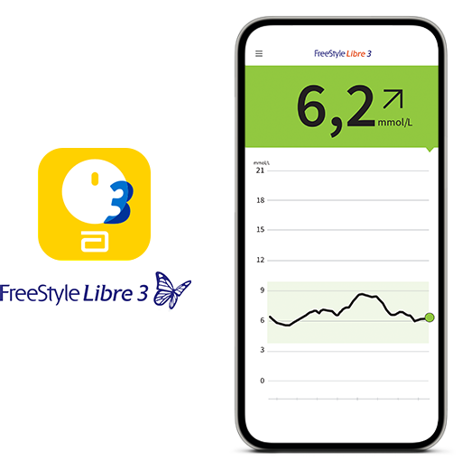 En smarttelefon som visar en skärmdump av FreeStyle Libre 3-appen.
