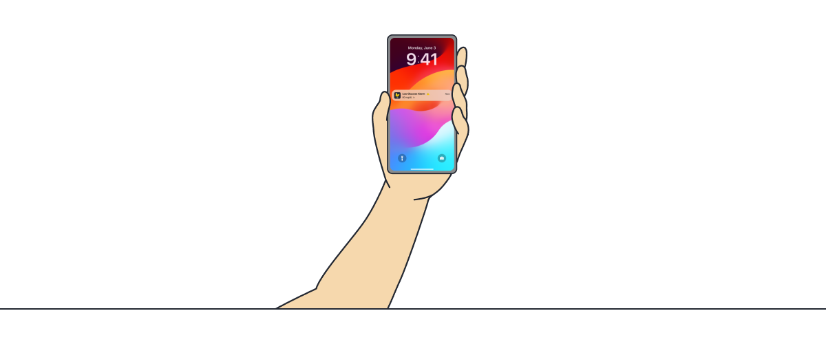 Illustration of a hand holding a smartphone showing a lock screen with a glucose alarm notification.