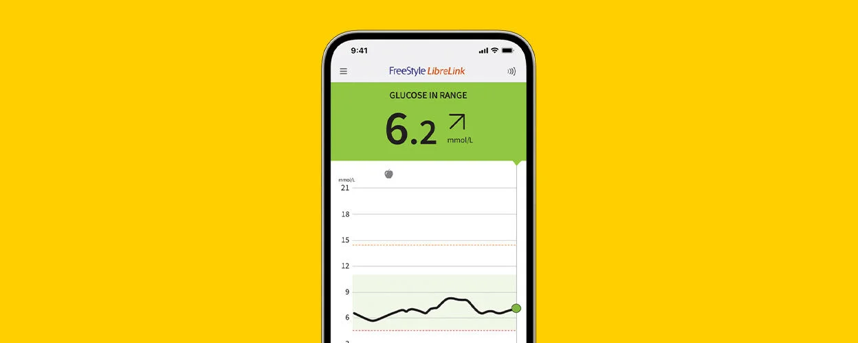 Close-up photo of Freestyle LibreLink App displaying glucose readings