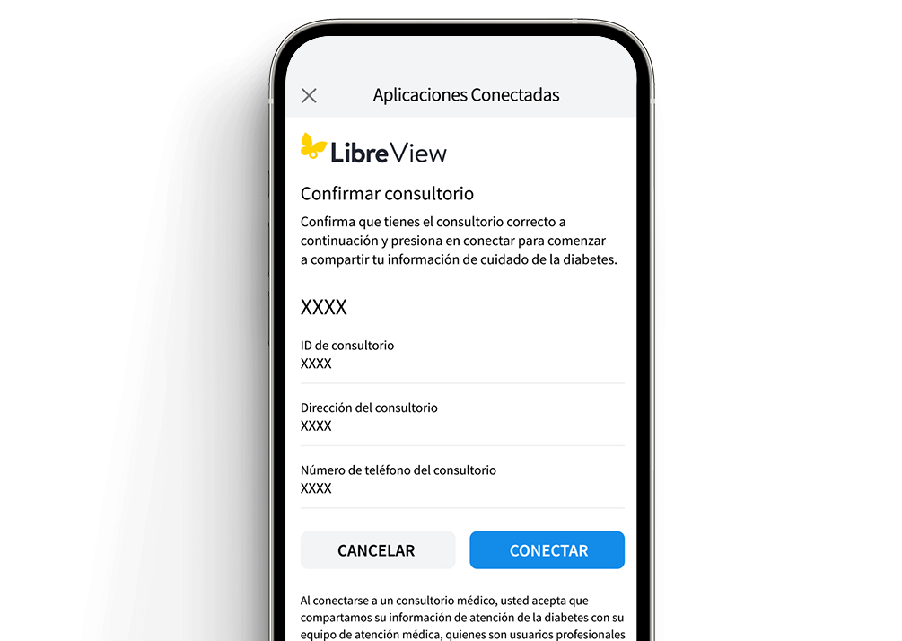 Un teléfono que muestra cómo registrarse en LibreView usando una invitación por correo electrónico.