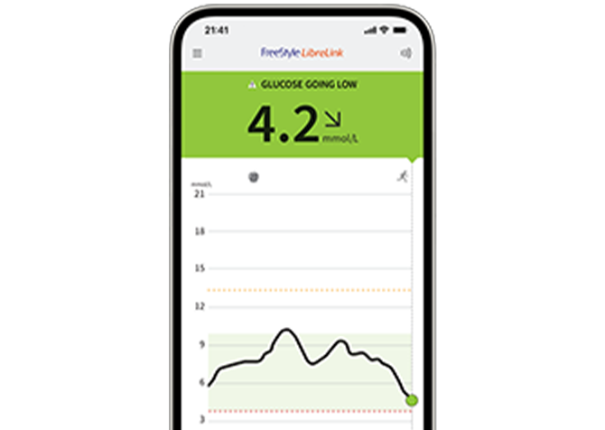 A phone with app showing glucose levels.