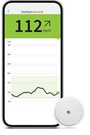 畫面中有一支智慧型手機和50元硬幣大小的傳感器，手機上的 FreeStyle LibreLink 程式顯示目前的葡萄糖值為 112 mg/dL，下方則可看見過去8小時的葡萄糖趨勢圖