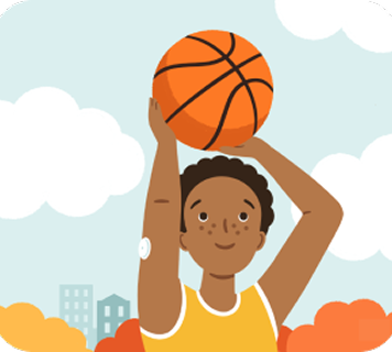 Illustration of a person in a yellow basketball jersey holding a basketball overhead, with a glucose sensor visible on the upper arm.