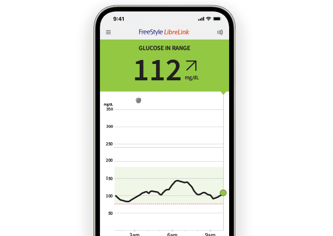 A phone with app showing glucose levels.