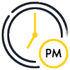 Clock icon with highlighted PM indicator, representing dinner or evening meal time.