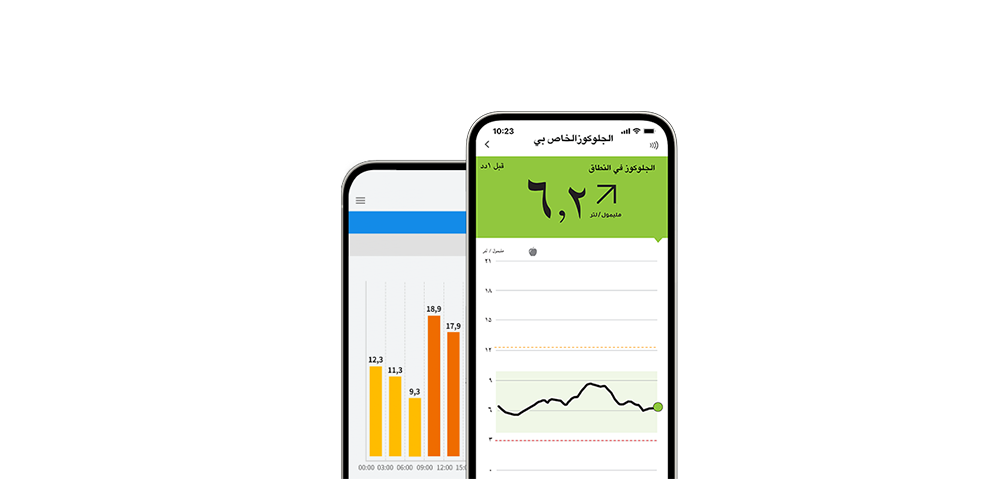 Two phones, each displaying a different screen from the FreeStyle Libre app.