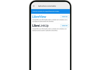 Tela do aplicativo mostrando opções de compartilhamento de dados no LibreView e LibreLink.