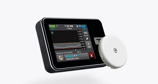 A FreeStyle Libre 2 Plus sensor and an insulin pump.