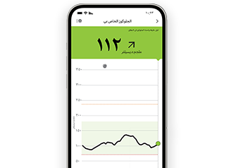 A phone with app showing glucose levels.