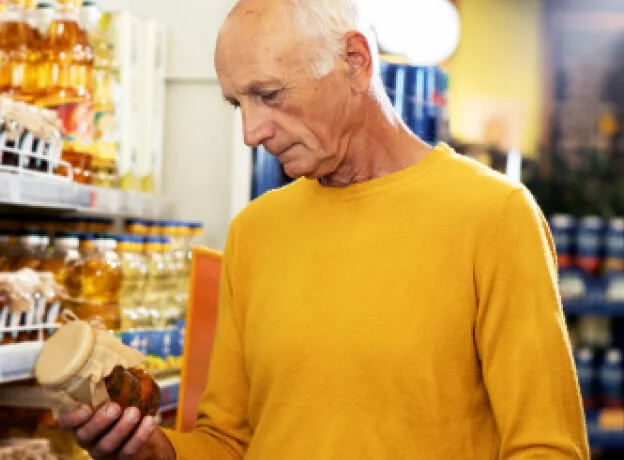 Hombre observando la etiqueta de un producto en el supermercado para revisar su información nutricional.
