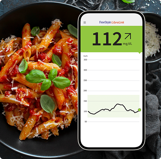 A healthy plate of pasta and marinara sauce. Above the plate is a phone showing a glucose spike on the FreeStyle Libre app.
