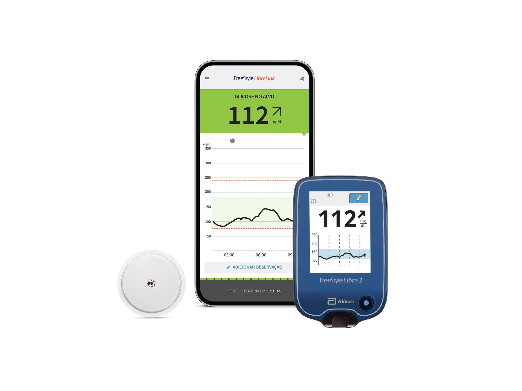 Imagem do sistema FreeStyle Libre 2 com celular, leitor e sensor