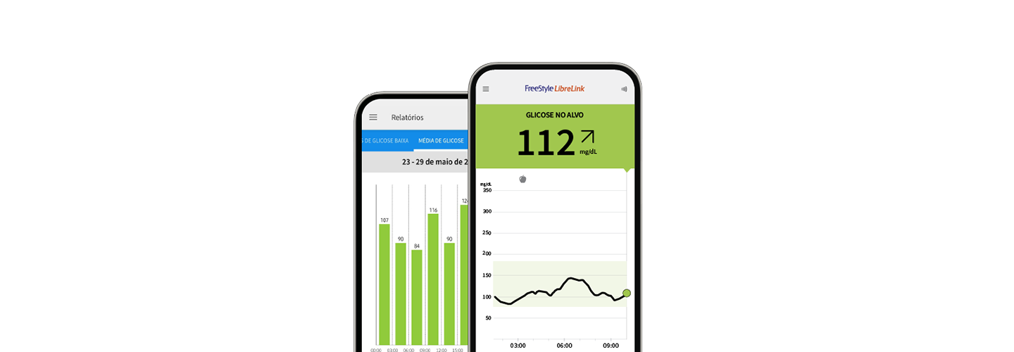 Dois celulares com o aplicativo FreeStyle LibreLink mostrando dados e relatórios de níveis de glicose.