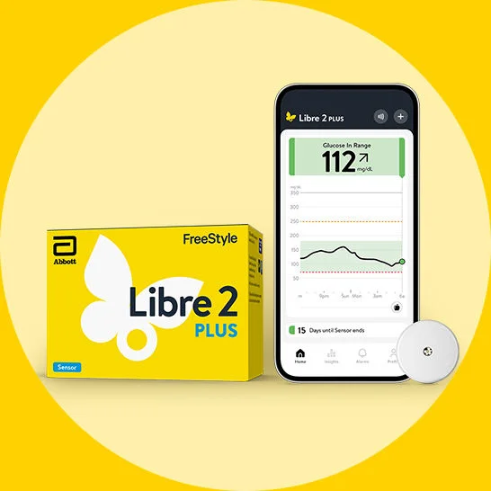 FreeStyle Libre 2 Plus sensor, product packaging, and Libre app screen