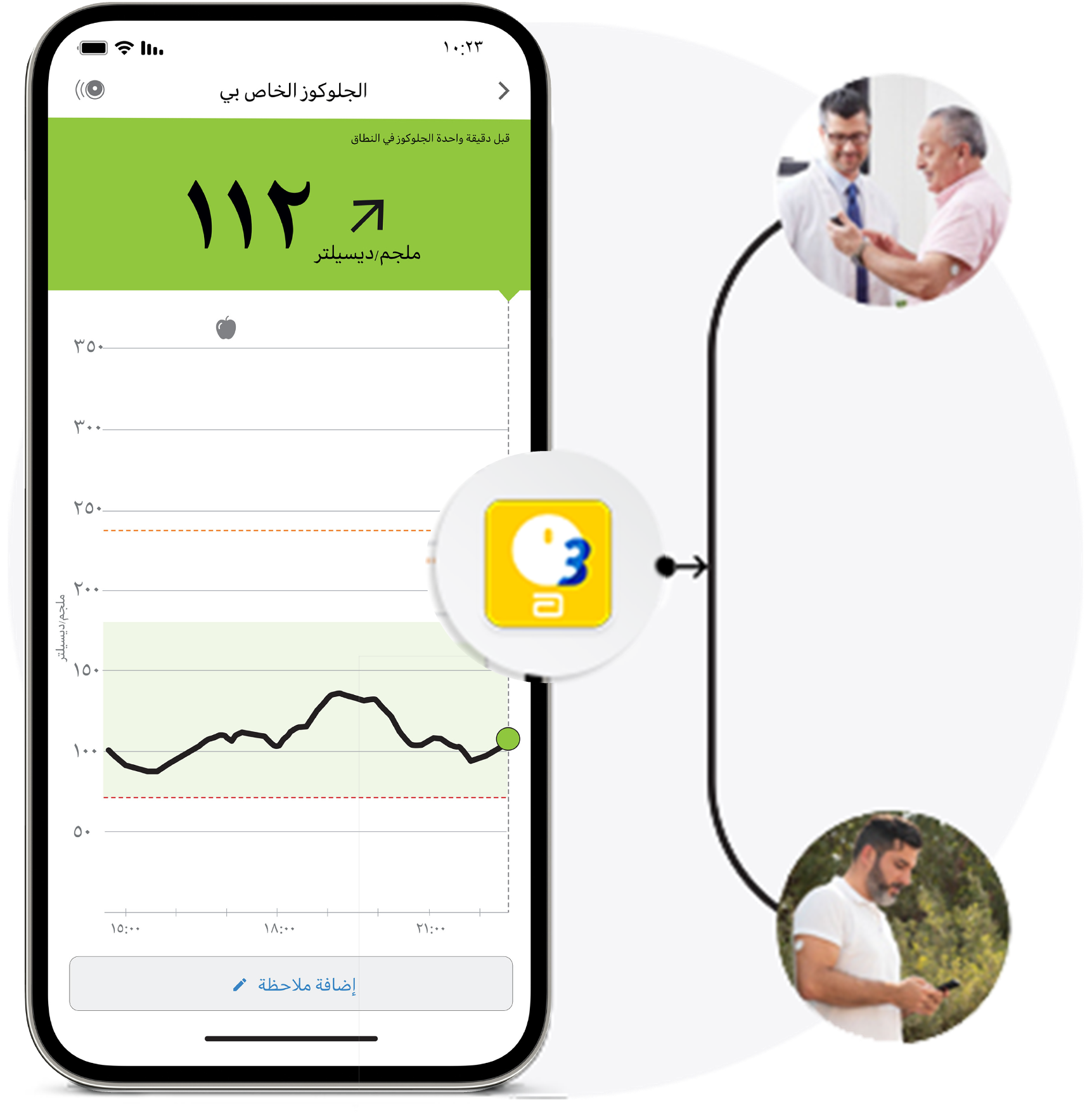 Smartphone screen with glucose reading.