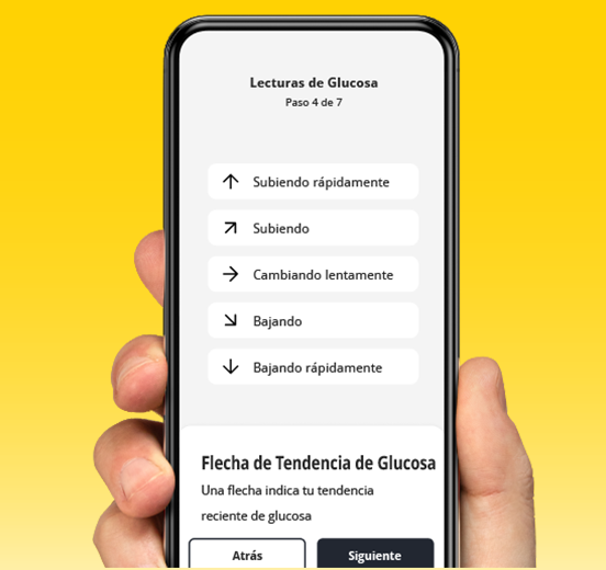 A phone displaying the FreeStyle Libre app and a visual showing the direction of change for a glucose reading.