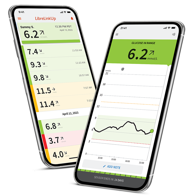 Two phones displaying app data