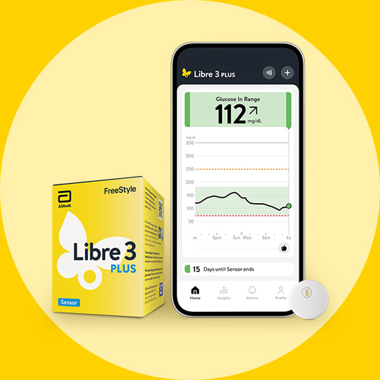 FreeStyle Libre 3 Plus sensor product packaging and app