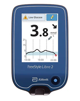 FreeStyle Libre 2 reader showing a low glucose warning