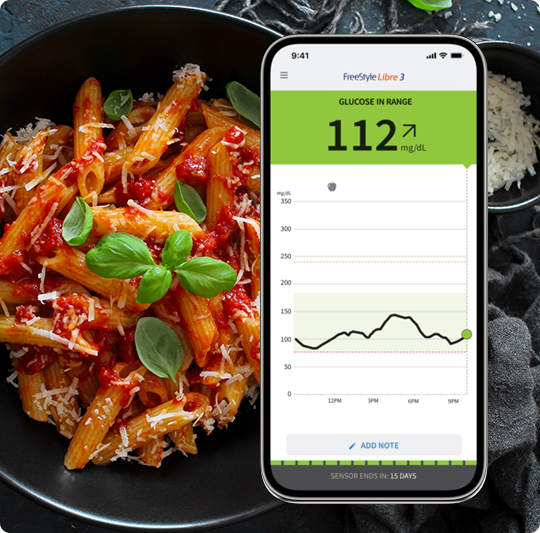 A healthy plate of pasta and marinara sauce. Above the plate is a phone showing a glucose spike on the FreeStyle Libre app.
