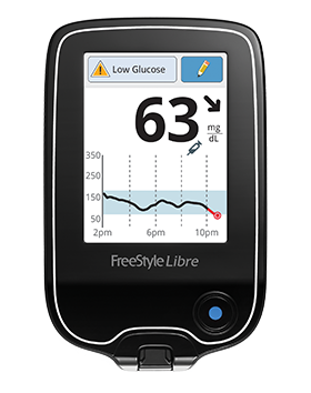 FreeStyle Libre 2 reader showing a low glucose warning