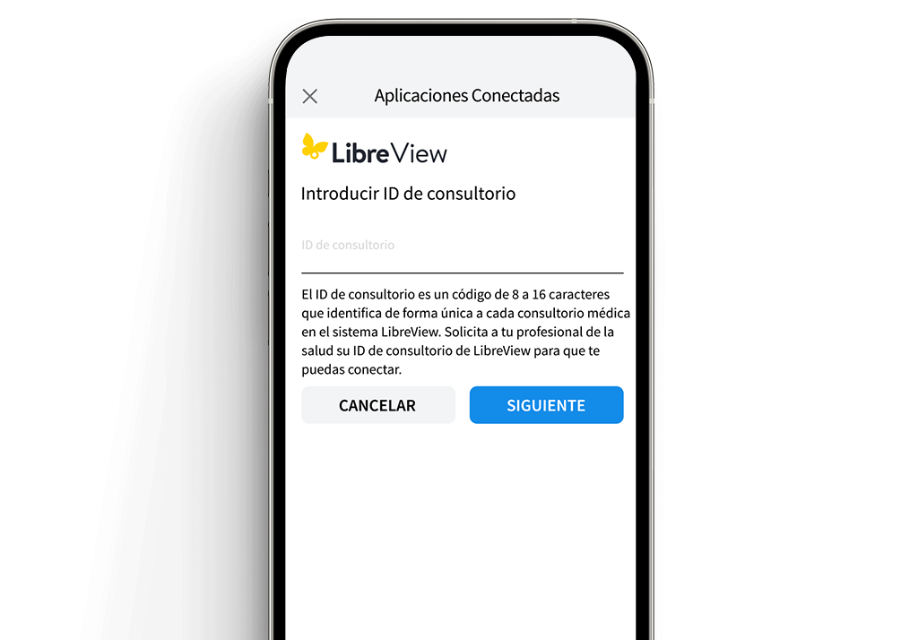 Un teléfono que muestra cómo registrarse en LibreView usando un Practice ID.
