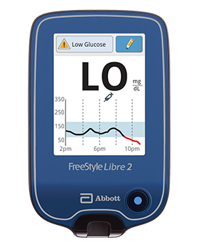 FreeStyle Libre 2 reader showing a low glucose warning