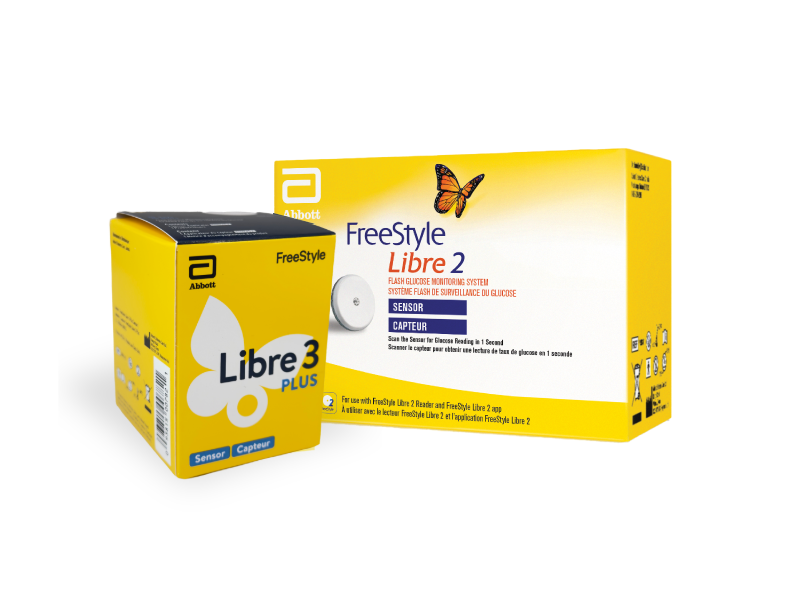 Texte « Pour commander vos capteurs FreeStyle Libre » à côté des boîtes des produits FreeStyle Libre 3 Plus et FreeStyle Libre 2.