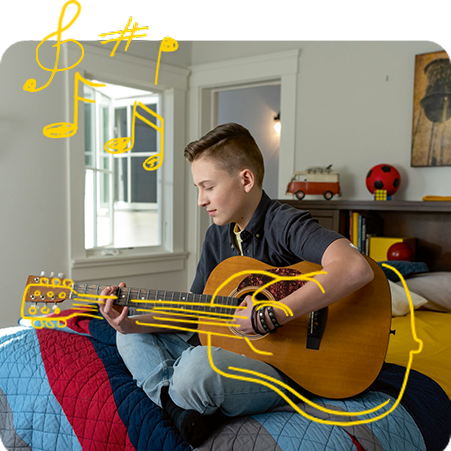 Illustration of a person sitting on a bed playing an acoustic guitar, with yellow musical notes and guitar sketches drawn around the image.