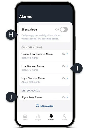 Smartphone showing alarms you can customize in the Libre app