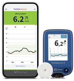 A phone screen showing a person’s glucose trend with a FreeStyle Libre [3 / 3 Plus] sensor and reader next to it.