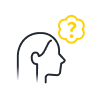 Line icon of a person’s head in profile with a yellow question mark above, representing questions or uncertainty.