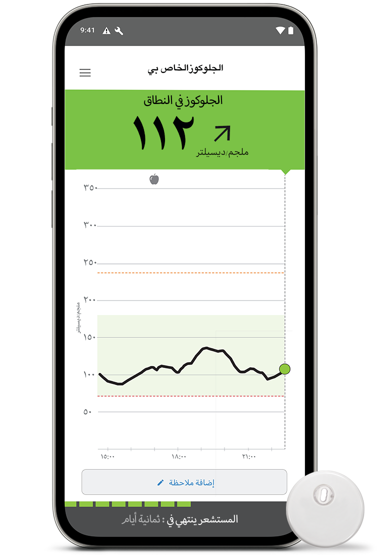 A phone screen showing a person’s glucose trend with a FreeStyle Libre [3 / 3 Plus] sensor and reader next to it.