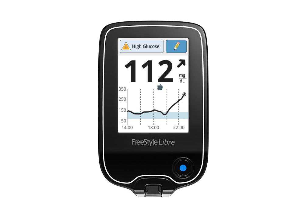 A FreeStyle Libre reader showing glucose levels.