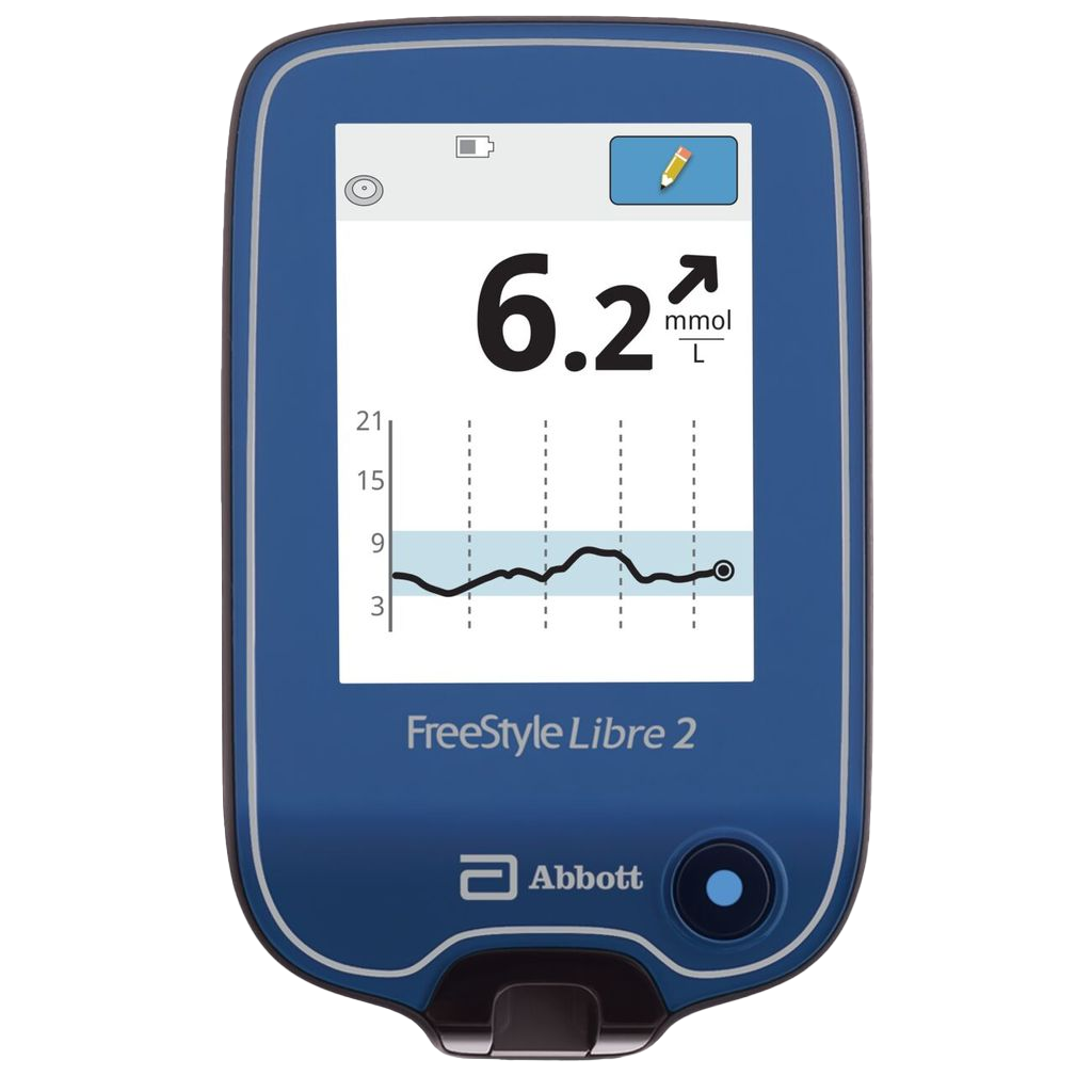 A FreeStyle Libre reader showing glucose levels.