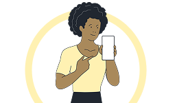 Person holding a mobile device and pointing to the screen.