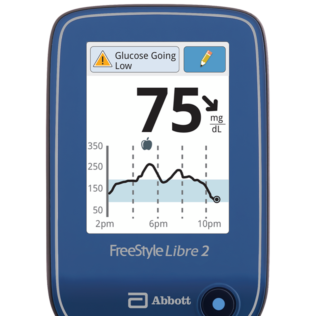 FreeStyle Libre 3 reader device displaying a glucose reading with a trend arrow and glucose history graph.