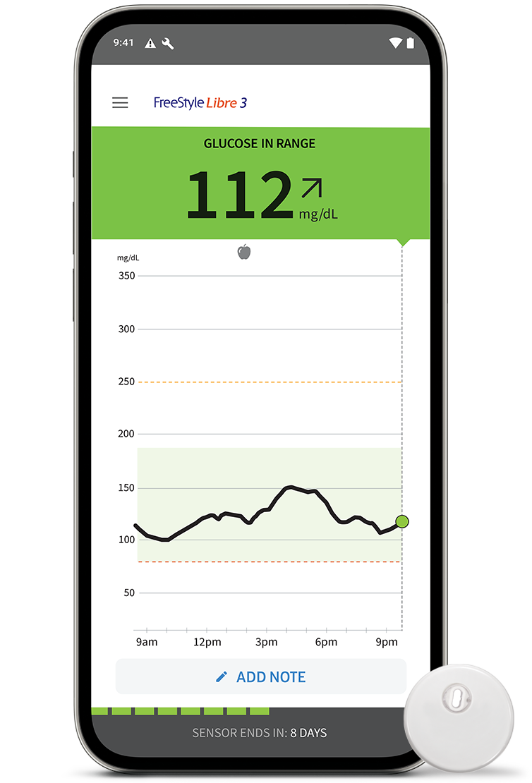 A phone screen showing a person’s glucose trend with a FreeStyle Libre sensor next to it.