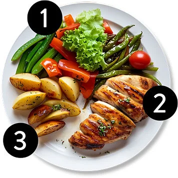 Diabetes-friendly plate featuring a portioned mix of protein, non-starchy vegetables, and complex carbohydrates. 