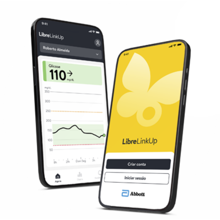 Aplicativos FreeStyle LibreLink e LibreLinkUp exibidos em smartphones mostrando leitura e relatório de glicose