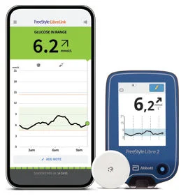 A phone screen showing a person’s glucose trend with a FreeStyle Libre [3 / 3 Plus] sensor and reader next to it.