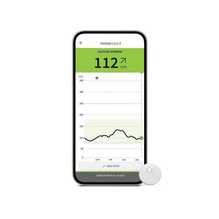 An illustration of a man pointing at three icons on a phone. In front of the phone is a FreeStyle Libre reader and sensor.