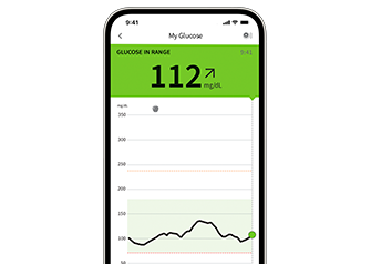A phone with app showing glucose levels.