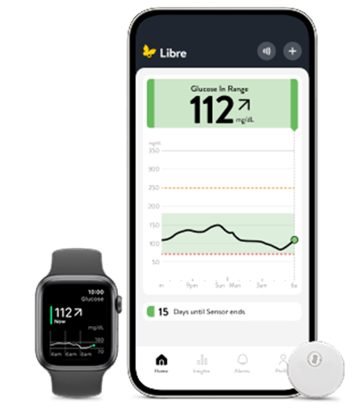 Smartphone and smartwatch display continuous glucose monitoring data, showing a glucose reading of 112 mg/dL and trend graph. 