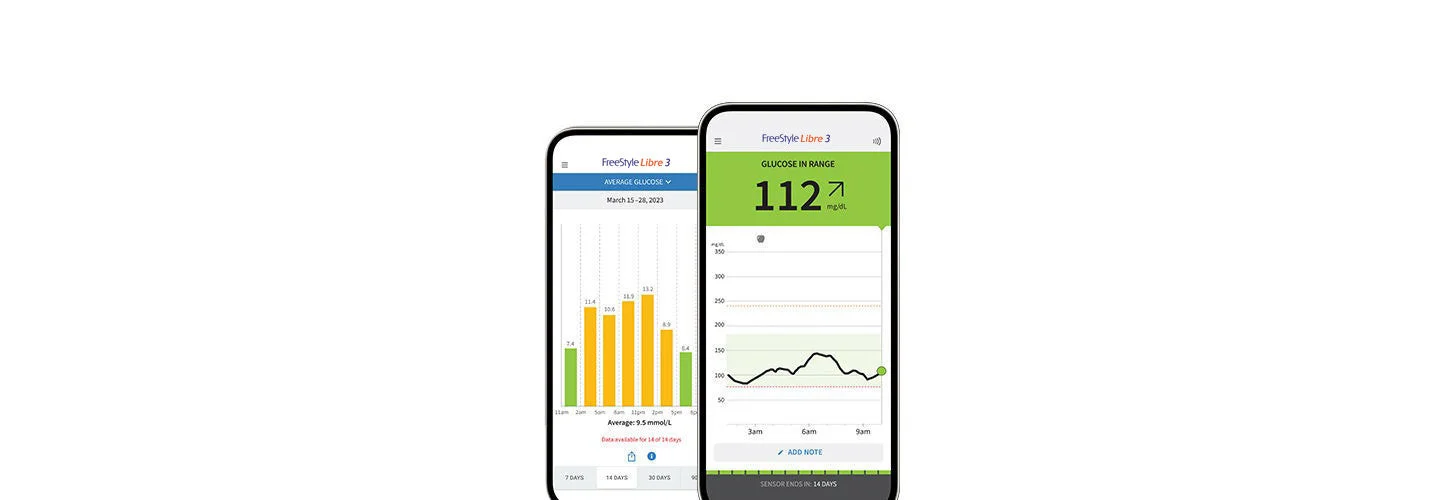 Two phones, each displaying a different screen from teh FreeStyle Libre app.