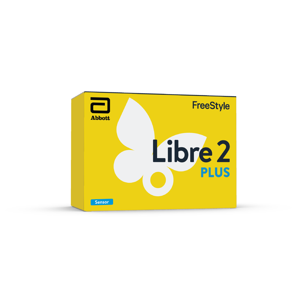 FreeStyle Libre 3 Plus product box in yellow with the Abbott logo, alongside a white FreeStyle Libre sensor.