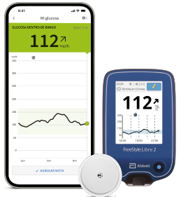A phone screen showing a person’s glucose trend with a FreeStyle Libre sensor next to it.