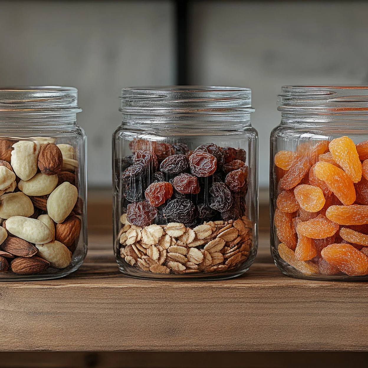 Glass jars filled with portioned nuts and dried fruit for healthy diabetes snacking.