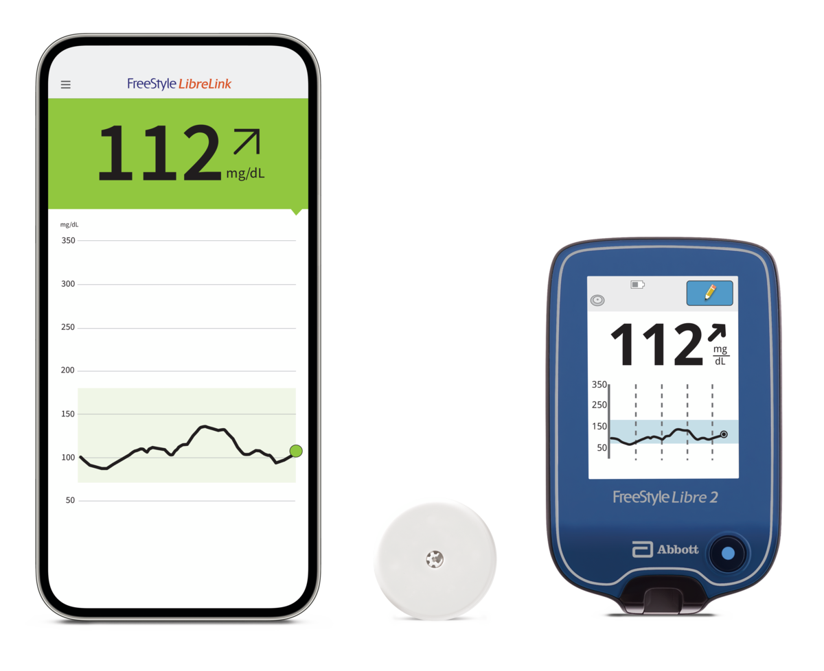 images on a smartphone with glucose readings next to a glucose sensor